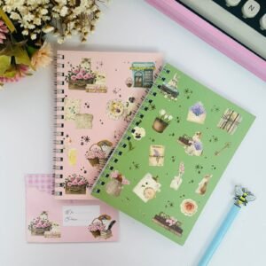 kit com 2 cadernicos a6 cartas no jardim coelho e gato